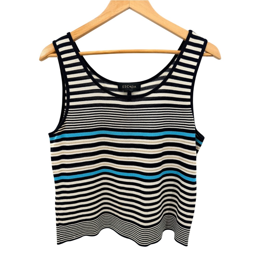 Escada Striped Knit Tank Top 40 US M L Black White Blue Metallic Nautical Chic
